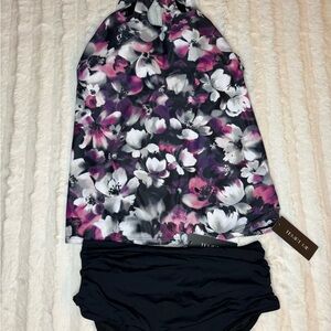 Floral Halter Top with Black Bottoms Two piece swimsuit